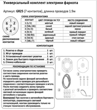 Схема подключения проводов универсальной семиконтактной электрики фаркопа TowRus